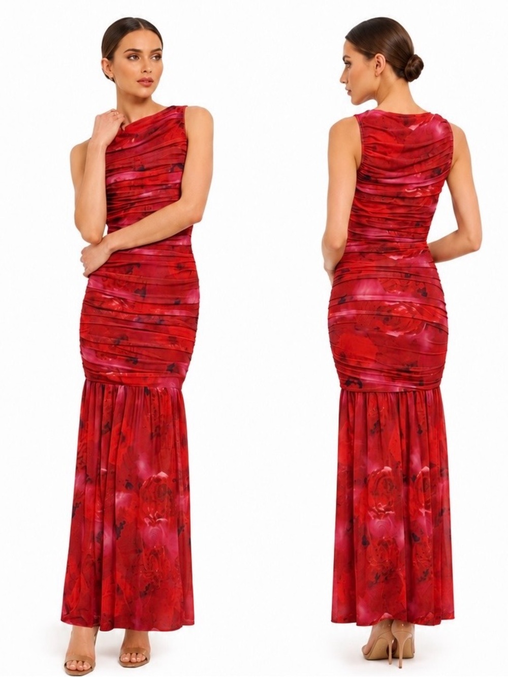 Elliatt Elise Red Ruched Floral Print Mermaid Maxi Dress XXS